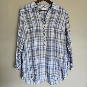 J Jill LOVE LINEN Women M Tunic Top Popover Blue Plaid Roll Tab Sleeve Pockets
